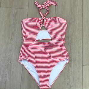 NEW Cupshe Womens Size Large Red White Striped Halter One Piece Swimsuit